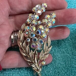 Gold and Silver Floral Brooch with Iridescent Crystals